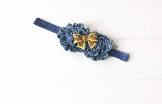 Girls Denim Headband with Sequin Bow I Blue / Gold I The Enchanted Magnolia