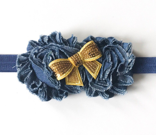 Girls Denim Headband with Sequin Bow I Blue / Gold I The Enchanted Magnolia