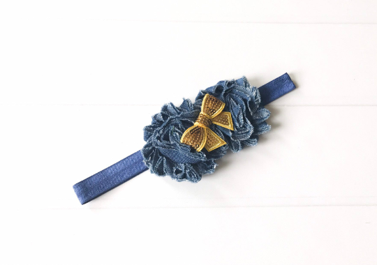 Girls Denim Headband with Sequin Bow I Blue / Gold I The Enchanted Magnolia