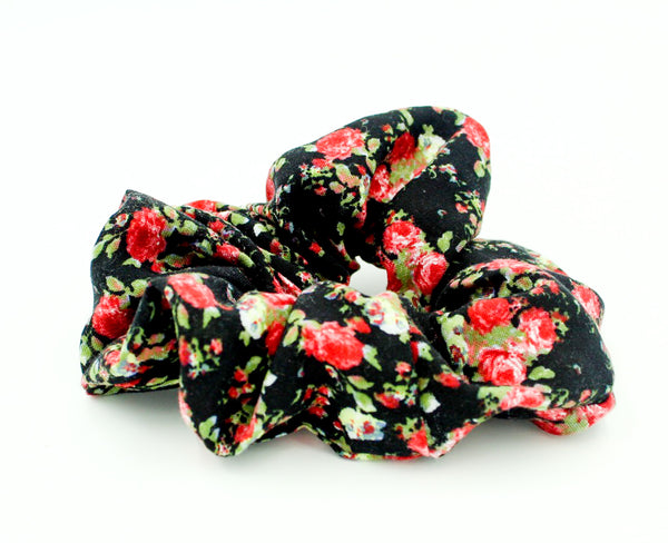 Girls Red Floral Printed Black Scrunchie I The Enchanted Magnolia