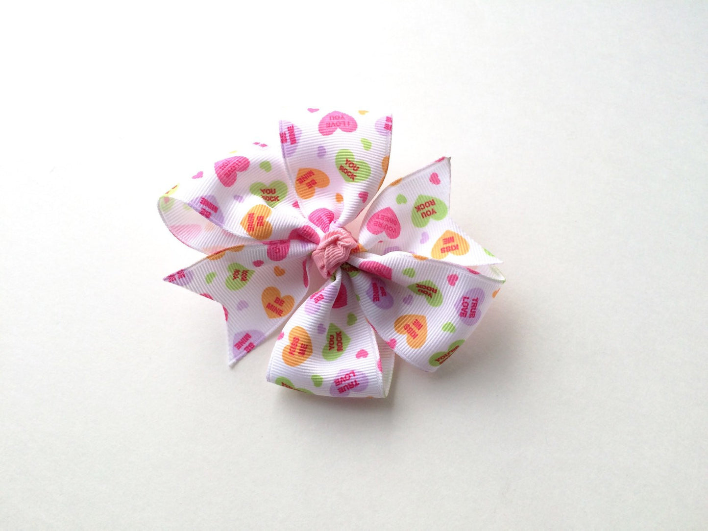 Girls White Valentine Candy Heart Pinwheel Hair Bow I The Enchanted Magnolia