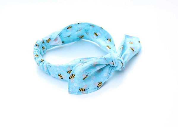 Bumblebee Print on Light Blue Top Knot Headband - The Enchanted Magnolia
