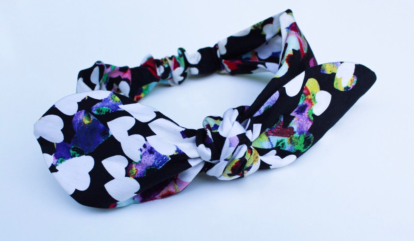 Watercolor White Heart Print On Black Top Knot Headband I The Enchanted Magnolia