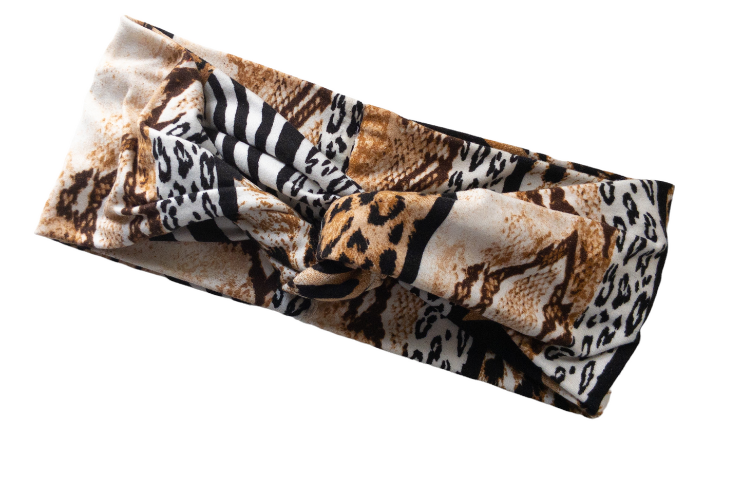 "Multi animal print headband with black, white, and blends of browns."