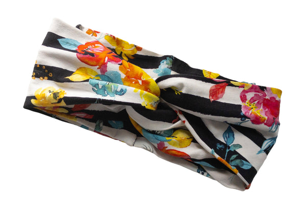 Bright Floral Blooms on Black and White Stripe Twist Knot Headband I The Enchanted Magnolia
