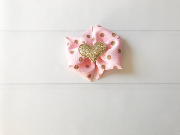 Pink and Gold Polka Dots Mini Pinwheel Hair Bow I The Enchanted Magnolia