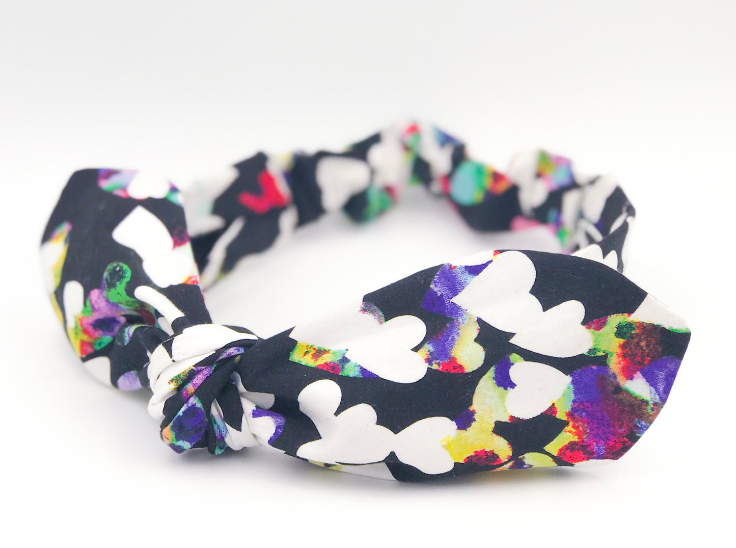 Watercolor White Heart Print On Black Top Knot Headband I The Enchanted Magnolia