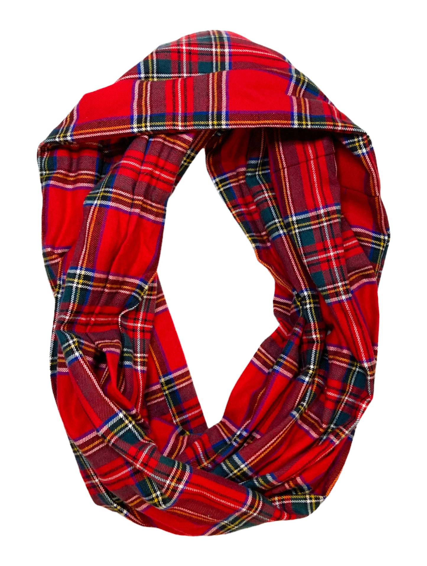 Barbados Cherry, Blue and Sea Moss Tartan Plaid Flannel Zippered Pocket Infinity Scarf I The Enchanted Magnolia
