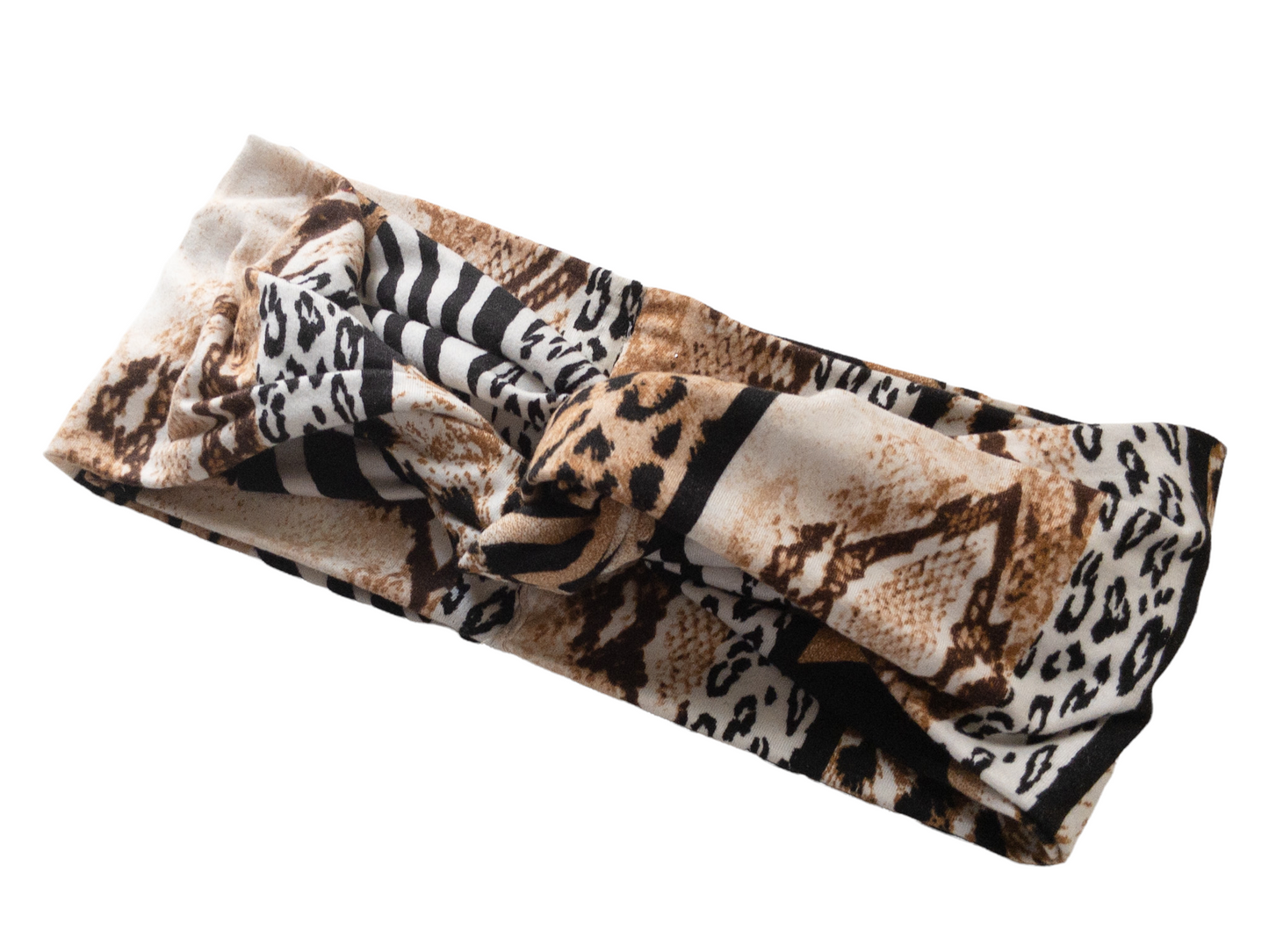 "Multi animal print headband with black, white, and blends of browns."