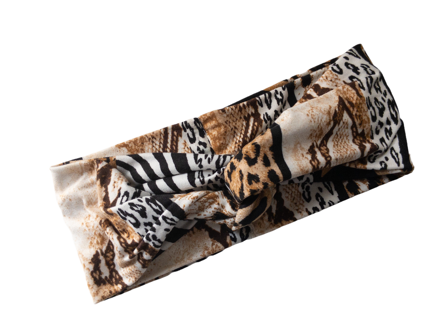 "Multi animal print headband with black, white, and blends of browns."