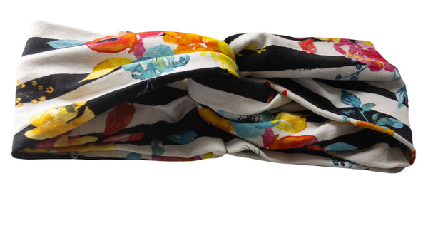 Bright Floral Blooms on Black and White Stripe Twist Knot Headband I The Enchanted Magnolia