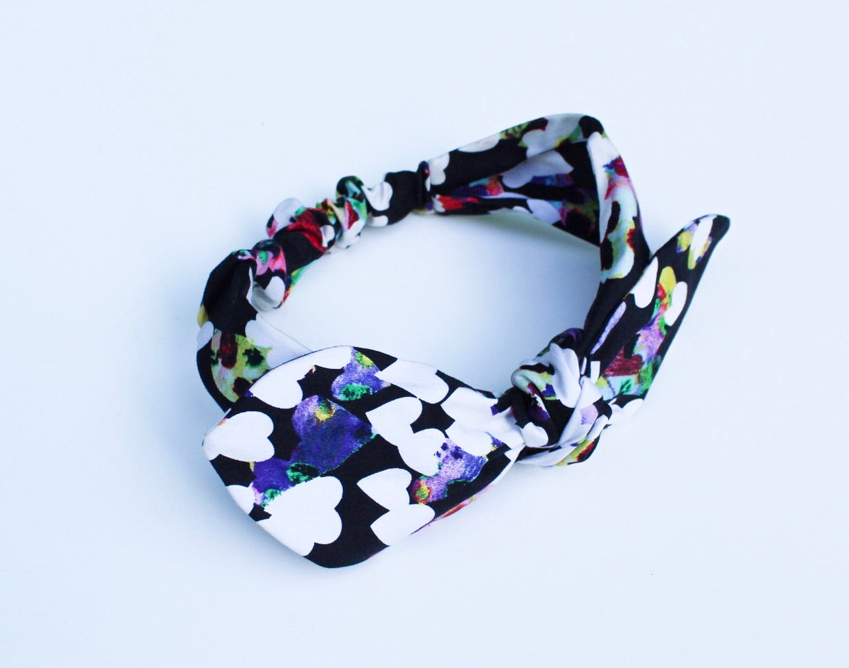 Watercolor White Heart Print On Black Top Knot Headband I The Enchanted Magnolia