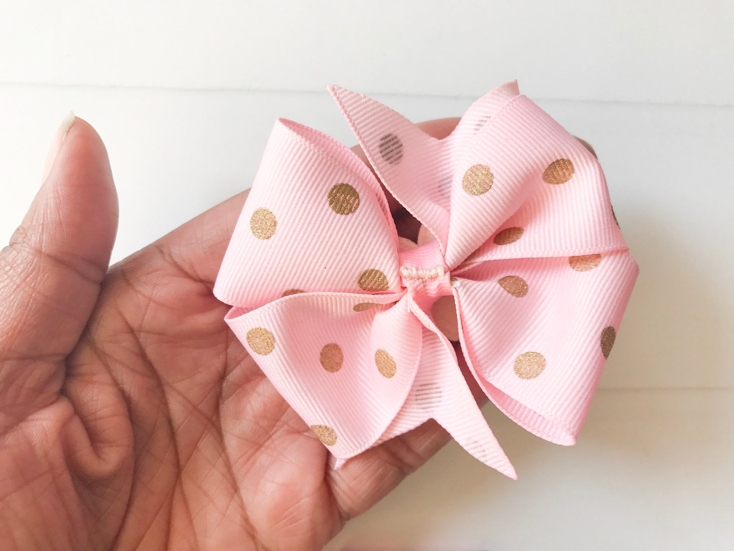 Pink and Gold Polka Dots Mini Pinwheel Hair Bow I The Enchanted Magnolia