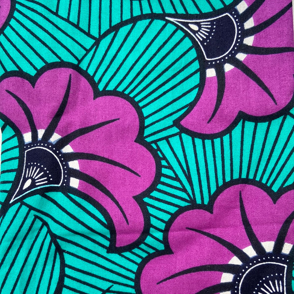 Kente Bandana - Purple Flowers on Teal and Black