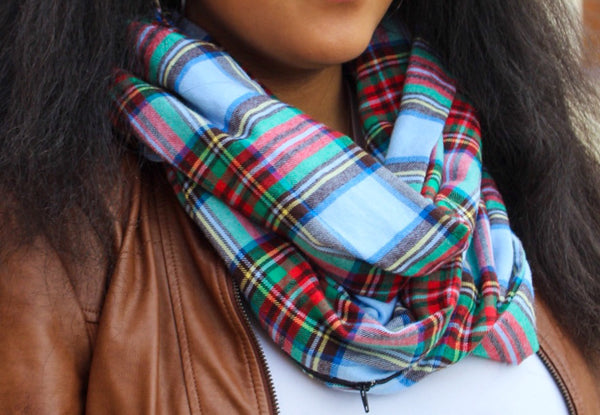 Light Blue, Red, Green Plaid Zippered Pocket Infinity Scarf I The Enchanted Magnolia