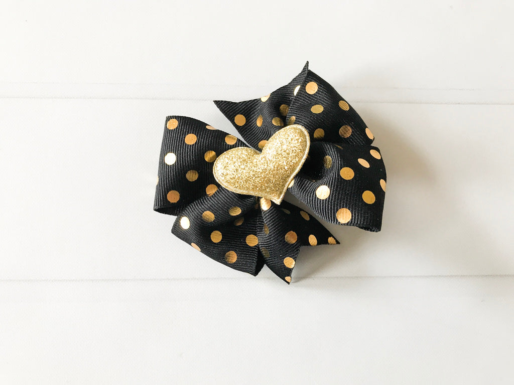 Girls Black and Gold Polka Dots Pinwheel Hair Bow - The Enchanted Magnolia