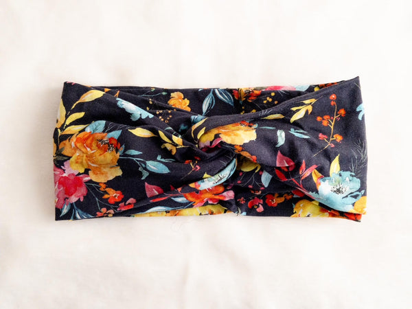 Floral Print on Navy Twisted Turban Headband I The Enchanted Magnolia