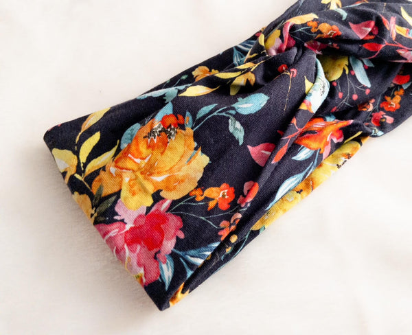 Floral Print on Navy Twisted Turban Headband I The Enchanted Magnolia