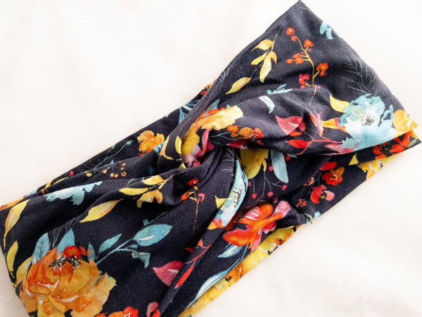 Floral Print on Navy Twisted Turban Headband I The Enchanted Magnolia