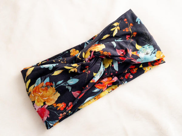 Floral Print on Navy Twisted Turban Headband I The Enchanted Magnolia