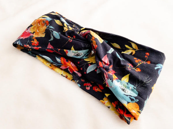Kids Floral Print on Navy Twisted Turban Headband I The Enchanted Magnolia