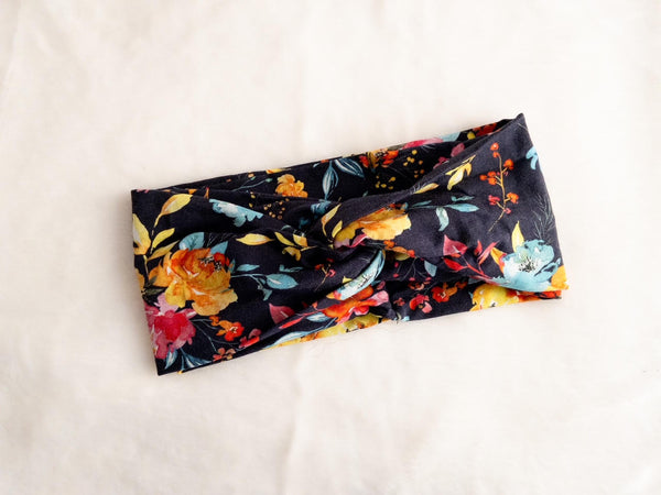 Floral Print on Navy Twisted Turban Headband I The Enchanted Magnolia