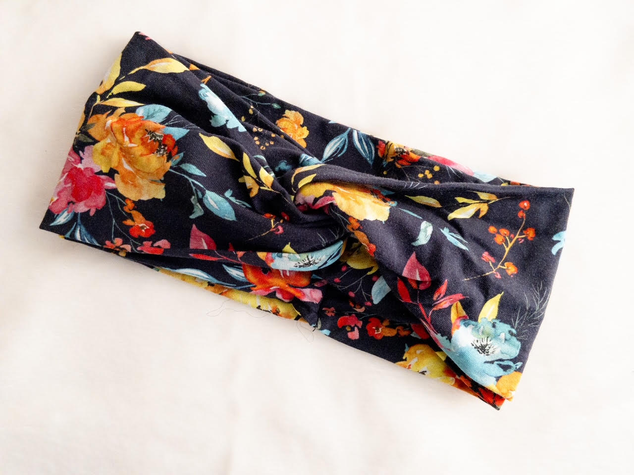Floral Print on Navy Twisted Turban Headband I The Enchanted Magnolia