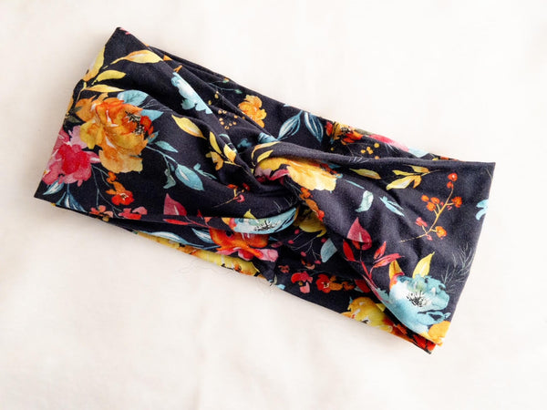 Floral Print on Navy Twisted Turban Headband I The Enchanted Magnolia