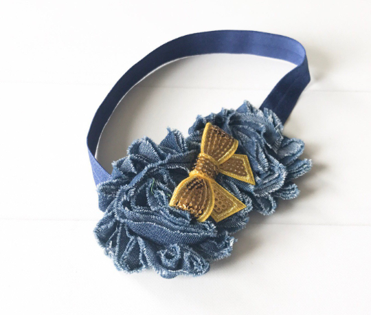 Girls Denim Headband with Sequin Bow I Blue / Gold I The Enchanted Magnolia