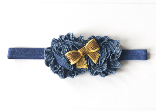 Girls Denim Headband with Sequin Bow I Blue / Gold I The Enchanted Magnolia