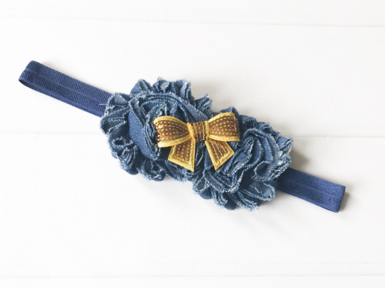 Girls Denim Headband with Sequin Bow I Blue / Gold I The Enchanted Magnolia