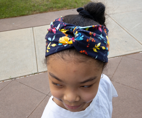 Kids Floral Print on Navy Twisted Turban Headband I The Enchanted Magnolia