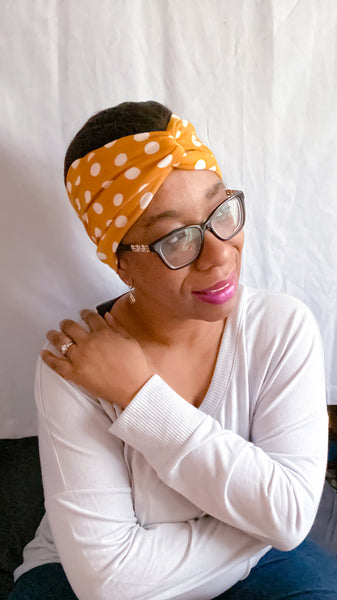 Mustard White Polka Dots Twisted Turban Headband