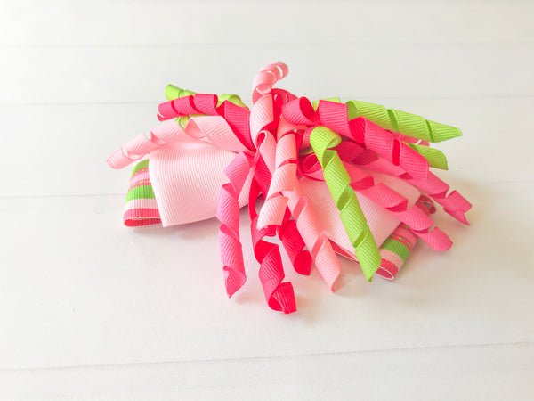 Girls Striped Hair Bow I Pink / Green I The Enchanted Magnolia