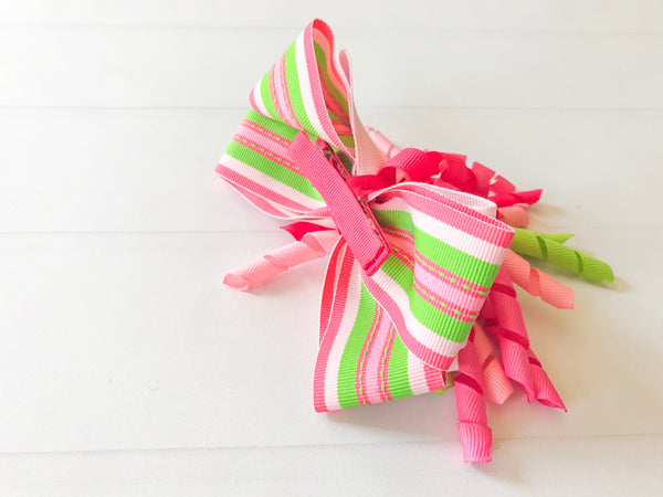 Girls Striped Hair Bow I Pink / Green I The Enchanted Magnolia