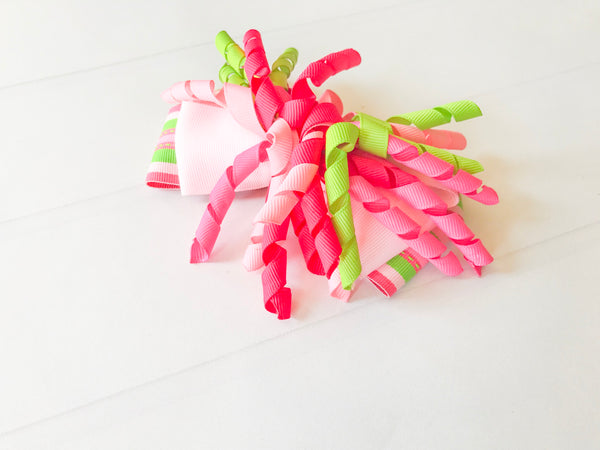 Girls Striped Hair Bow I Pink / Green I The Enchanted Magnolia