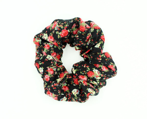 Girls Red Floral Printed Black Scrunchie I The Enchanted Magnolia