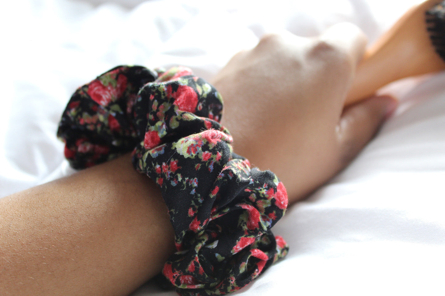 Red Floral Printed Black Scrunchie I The Enchanted Magnolia