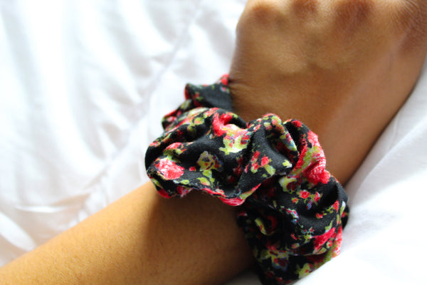 Girls Red Floral Printed Black Scrunchie I The Enchanted Magnolia