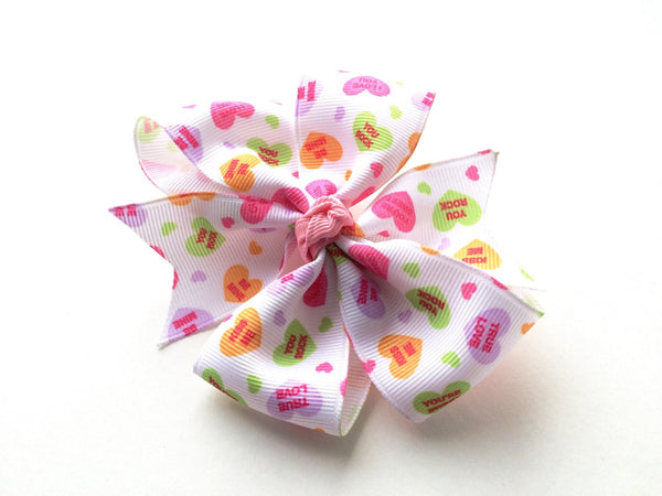 Girls White Valentine Candy Heart Pinwheel Hair Bow - The Enchanted Magnolia
