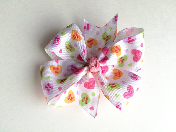 Girls White Valentine Candy Heart Pinwheel Hair Bow I The Enchanted Magnolia