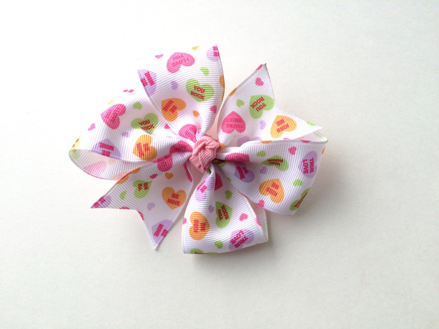 Girls White Valentine Candy Heart Pinwheel Hair Bow I The Enchanted Magnolia