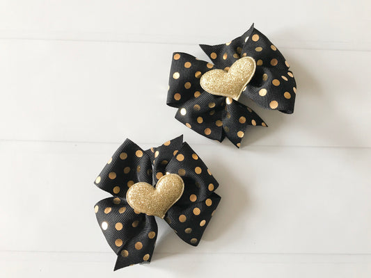 Black and Gold Polka Dots Mini Pinwheel Hair Bow Set I The Enchanted Magnolia