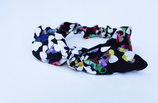Watercolor White Heart Print On Black Top Knot Headband I The Enchanted Magnolia