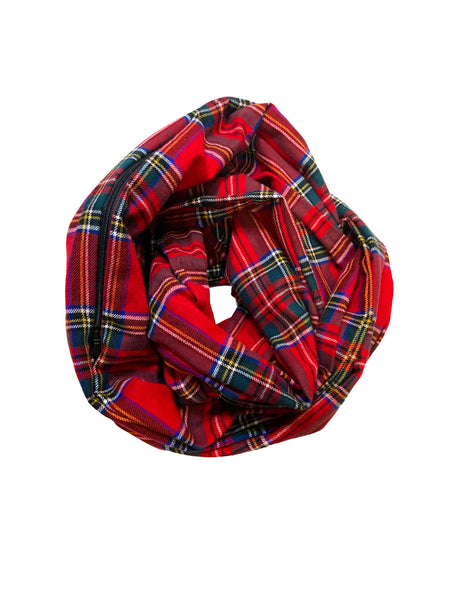 Barbados Cherry, Blue and Sea Moss Tartan Plaid Flannel Zippered Pocket Infinity Scarf I The Enchanted Magnolia