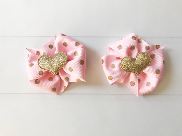 Pink and Gold Polka Dots Mini Pinwheel Hair Bow Set - The Enchanted Magnolia