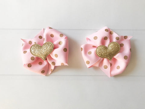 Pink and Gold Polka Dots Mini Pinwheel Hair Bow Set - The Enchanted Magnolia