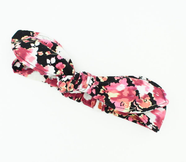 Girls Pink Flowers on Black Top Knot Headband I The Enchanted Magnolia