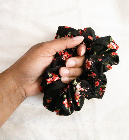 Red Floral Printed Black Scrunchie I The Enchanted Magnolia