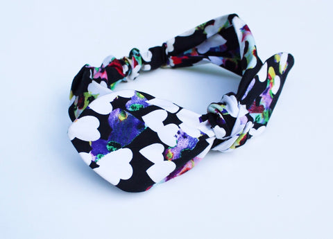 Watercolor White Heart Print On Black Top Knot Headband - The Enchanted Magnolia